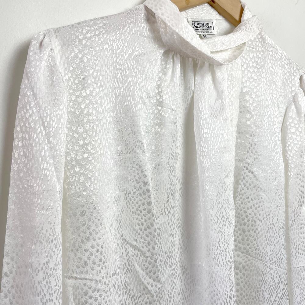 Vintage 80s Satin Secretary Blouse Medium White Animal Print Quiet Luxury - Picture 2 of 8